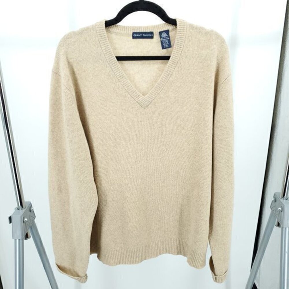 Grant Thomas 100% New Wool Fine Knit V-Neck Sweater XXL Tan